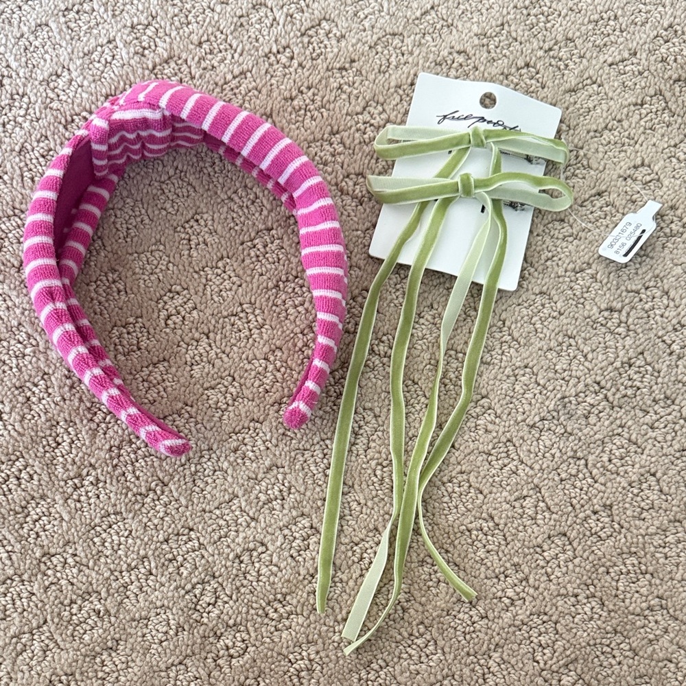 Free People Striped Pink Headband and Green Bow Hair Clips Set